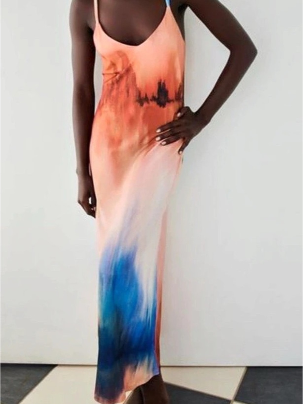 Zara Abstract Tie-Dye Maxi Dress in Orange & Blue Size XS